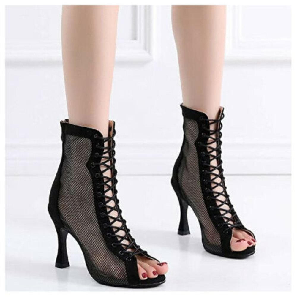 HROYL Open Toe Lace-up Ankle Boots Sz 7.5 Women Latin Salsa Ballroom Dance Shoes